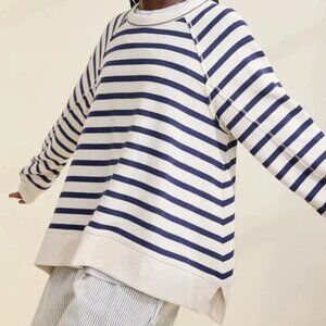 Aerie East West Crew Sweatshirt Cream Blue Stripes Cake Batter Oversized Medium
